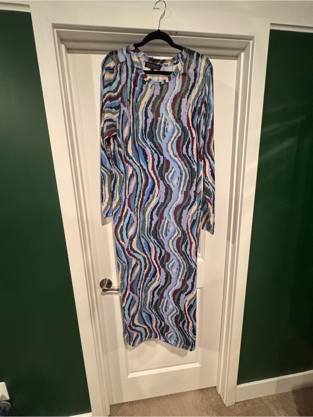 Eloquii Multicolor Wave-Print Long Sleeve Midi Dress